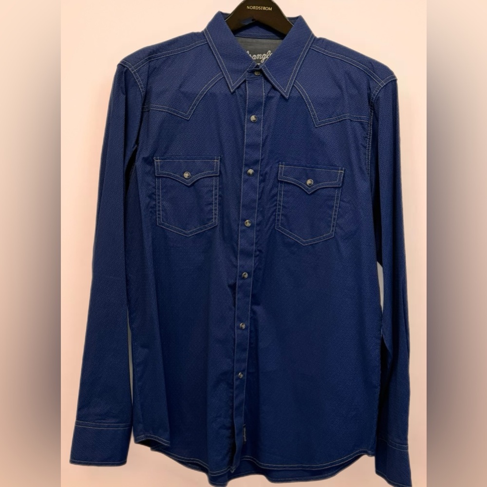 NWOT Wrangler Western Blue Ling Sleeve Button Down Shirt Size XL